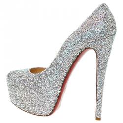 مملوكة مسبقًا حذاء كعب عالي كريستيان لوبوتان دافوديل مرصع كريستال جلد مدبوغ فضي مقاس 39