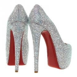 مملوكة مسبقًا حذاء كعب عالي كريستيان لوبوتان دافوديل مرصع كريستال جلد مدبوغ فضي مقاس 39