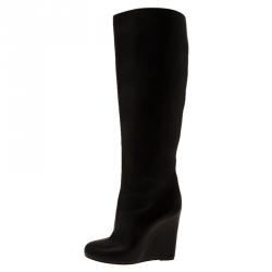 Pre Owned Christian Louboutin Black Leather Zepita Tall Wedges Boots Size 38.5