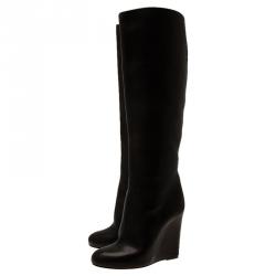 Pre Owned Christian Louboutin Black Leather Zepita Tall Wedges Boots Size 38.5