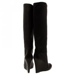 Pre Owned Christian Louboutin Black Leather Zepita Tall Wedges Boots Size 38.5