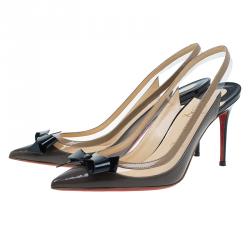 Pre Owned Christian Louboutin Grey and Beige Patent Suspenodo Slingback Sandals Size 37.5