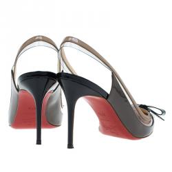 Pre Owned Christian Louboutin Grey and Beige Patent Suspenodo Slingback Sandals Size 37.5