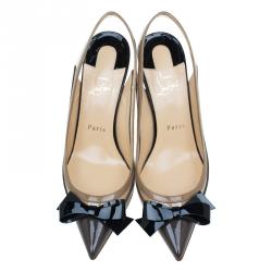Pre Owned Christian Louboutin Grey and Beige Patent Suspenodo Slingback Sandals Size 37.5