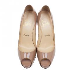 Pre Owned Christian Louboutin Beige Patent  Very Prive Peep Toe Pumps Size 36.5