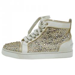 Pre Owned Christian Louboutin Cream Strass Embellished Leather High Top Sneakers Size 36