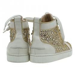 Pre Owned Christian Louboutin Cream Strass Embellished Leather High Top Sneakers Size 36
