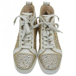 Pre Owned Christian Louboutin Cream Strass Embellished Leather High Top Sneakers Size 36