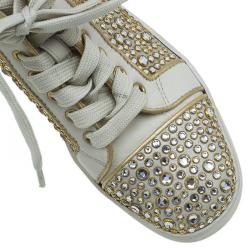 Pre Owned Christian Louboutin Cream Strass Embellished Leather High Top Sneakers Size 36