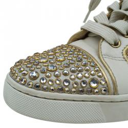 Pre Owned Christian Louboutin Cream Strass Embellished Leather High Top Sneakers Size 36