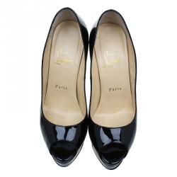 Pre Owned حذاء كريستيان لوبوتان ليدي مقدمة مرتفعة مدببة كعب مرتفع جلد أسود لامع مقاس 37.5