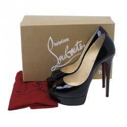 Pre Owned حذاء كريستيان لوبوتان ليدي مقدمة مرتفعة مدببة كعب مرتفع جلد أسود لامع مقاس 37.5