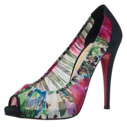 Pre Owned Christian Louboutin Floral Crepe Satin Zeppa Peep Toe Pumps Size 40