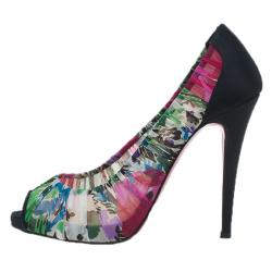 Pre Owned Christian Louboutin Floral Crepe Satin Zeppa Peep Toe Pumps Size 40