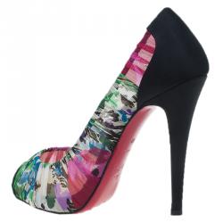 Pre Owned Christian Louboutin Floral Crepe Satin Zeppa Peep Toe Pumps Size 40