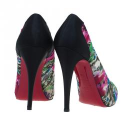 Pre Owned Christian Louboutin Floral Crepe Satin Zeppa Peep Toe Pumps Size 40