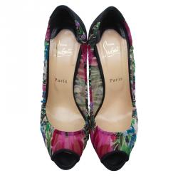 Pre Owned Christian Louboutin Floral Crepe Satin Zeppa Peep Toe Pumps Size 40