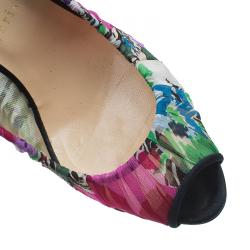 Pre Owned Christian Louboutin Floral Crepe Satin Zeppa Peep Toe Pumps Size 40