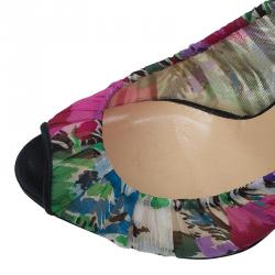 Pre Owned Christian Louboutin Floral Crepe Satin Zeppa Peep Toe Pumps Size 40