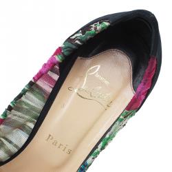 Pre Owned Christian Louboutin Floral Crepe Satin Zeppa Peep Toe Pumps Size 40