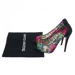 Pre Owned Christian Louboutin Floral Crepe Satin Zeppa Peep Toe Pumps Size 40