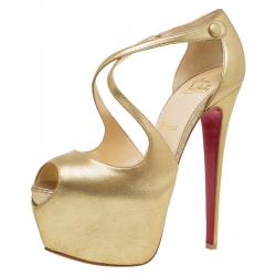 Pre Owned Christian Louboutin Metallic Gold Leather Cross Me Peep Toe Platform Pumps Size 38