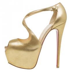 Pre Owned Christian Louboutin Metallic Gold Leather Cross Me Peep Toe Platform Pumps Size 38