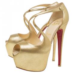 Pre Owned Christian Louboutin Metallic Gold Leather Cross Me Peep Toe Platform Pumps Size 38