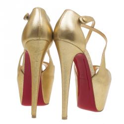 Pre Owned Christian Louboutin Metallic Gold Leather Cross Me Peep Toe Platform Pumps Size 38