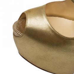 Pre Owned Christian Louboutin Metallic Gold Leather Cross Me Peep Toe Platform Pumps Size 38