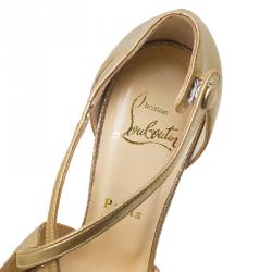 Pre Owned Christian Louboutin Metallic Gold Leather Cross Me Peep Toe Platform Pumps Size 38