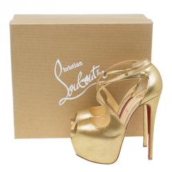 Pre Owned Christian Louboutin Metallic Gold Leather Cross Me Peep Toe Platform Pumps Size 38