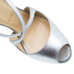 Pre Owned Christian Louboutin Metallic Silver  Leather Cross Me Peep Toe Platform Pumps Size 38
