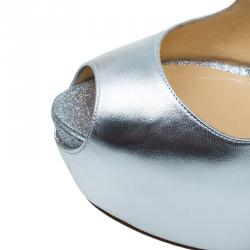 Pre Owned Christian Louboutin Metallic Silver  Leather Cross Me Peep Toe Platform Pumps Size 38