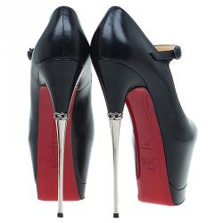 Pre Owned Christian Louboutin Black Leather Printz Metallic Heel Peep Toe Platform Pumps Size 39