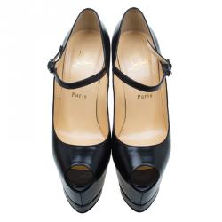 Pre Owned Christian Louboutin Black Leather Printz Metallic Heel Peep Toe Platform Pumps Size 39