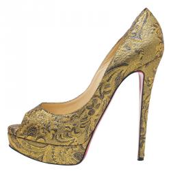 Pre Owned Christian Louboutin Gold Fabric Lady Peep Brocart Peep Toe Platform Pumps Size 41