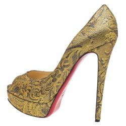 Pre Owned Christian Louboutin Gold Fabric Lady Peep Brocart Peep Toe Platform Pumps Size 41