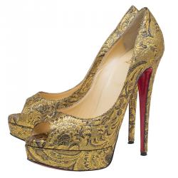 Pre Owned Christian Louboutin Gold Fabric Lady Peep Brocart Peep Toe Platform Pumps Size 41