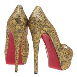 Pre Owned Christian Louboutin Gold Fabric Lady Peep Brocart Peep Toe Platform Pumps Size 41