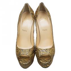 Pre Owned Christian Louboutin Gold Fabric Lady Peep Brocart Peep Toe Platform Pumps Size 41