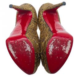 Pre Owned Christian Louboutin Gold Fabric Lady Peep Brocart Peep Toe Platform Pumps Size 41