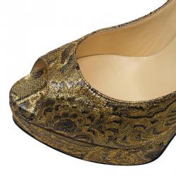 Pre Owned Christian Louboutin Gold Fabric Lady Peep Brocart Peep Toe Platform Pumps Size 41