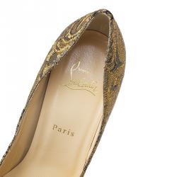 Pre Owned Christian Louboutin Gold Fabric Lady Peep Brocart Peep Toe Platform Pumps Size 41