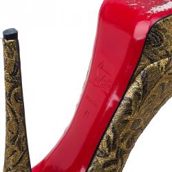 Pre Owned Christian Louboutin Gold Fabric Lady Peep Brocart Peep Toe Platform Pumps Size 41