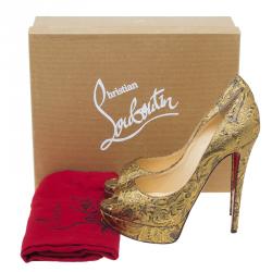 Pre Owned Christian Louboutin Gold Fabric Lady Peep Brocart Peep Toe Platform Pumps Size 41