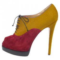Pre Owned Christian Louboutin Yellow Pony Hair and Red Suede Miss Poppins Lace Up Peep Toe Platform Booties Size 41