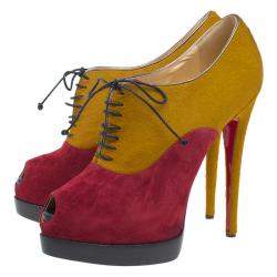 Pre Owned Christian Louboutin Yellow Pony Hair and Red Suede Miss Poppins Lace Up Peep Toe Platform Booties Size 41