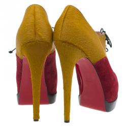 Pre Owned Christian Louboutin Yellow Pony Hair and Red Suede Miss Poppins Lace Up Peep Toe Platform Booties Size 41