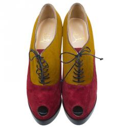 Pre Owned Christian Louboutin Yellow Pony Hair and Red Suede Miss Poppins Lace Up Peep Toe Platform Booties Size 41